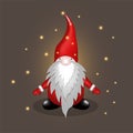 Cute Christmas gnome with garland, fireflies, magic. A dwarf with a long beard and a red hat.